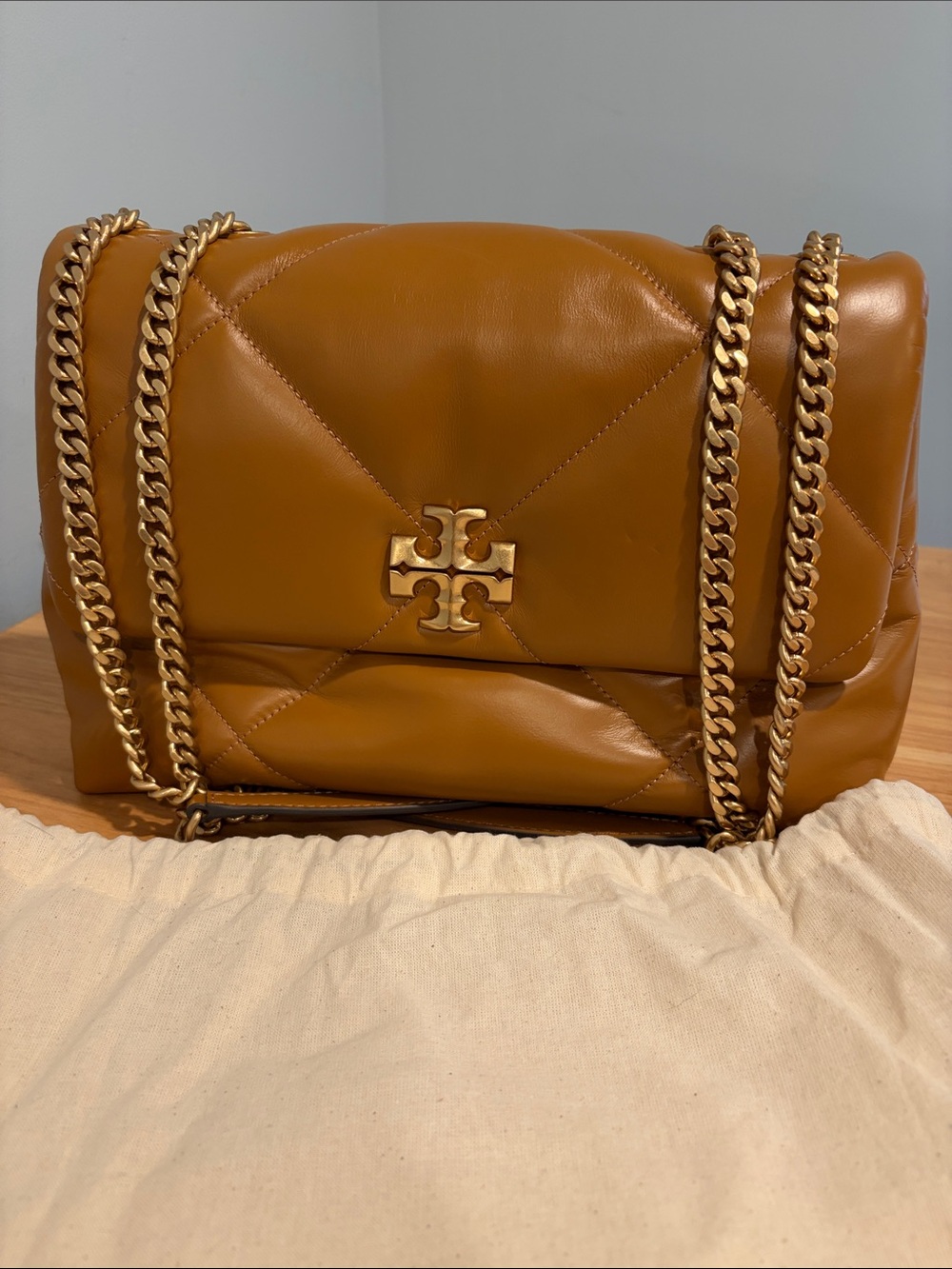 Tory Burch Quilted Leather Shoulder Bag in Camel Tan with Gold Hardware